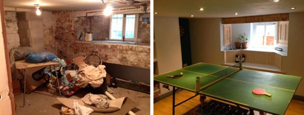 basement transformation including games space before features bare space brick walls after features living space plastered wall with ping pong table