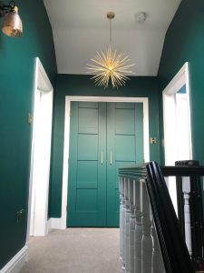 Bathroom Image - Navy Tiles - Loft Conversion - Green door with chandelier - Monton, Greater Manchester